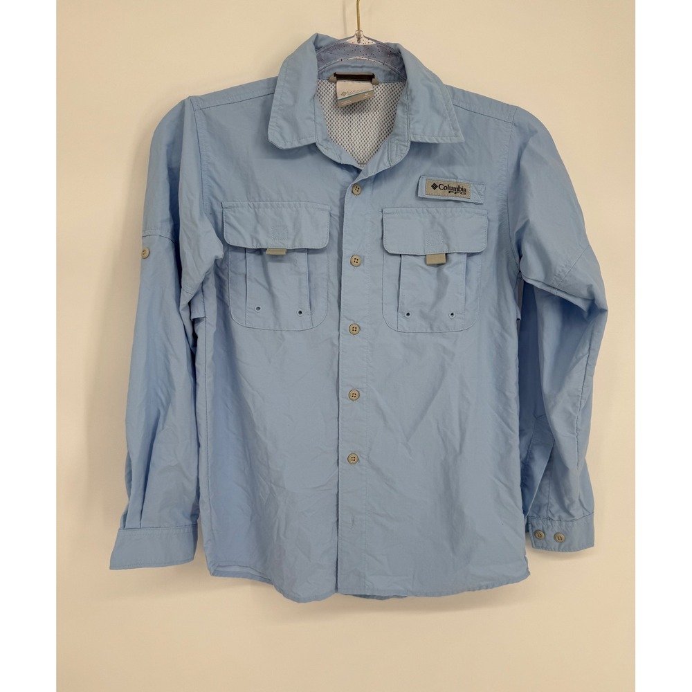 Columbia PFG Bahama Long Sleeve Fishing Shirt Kids Medium Light Blue UPF 30